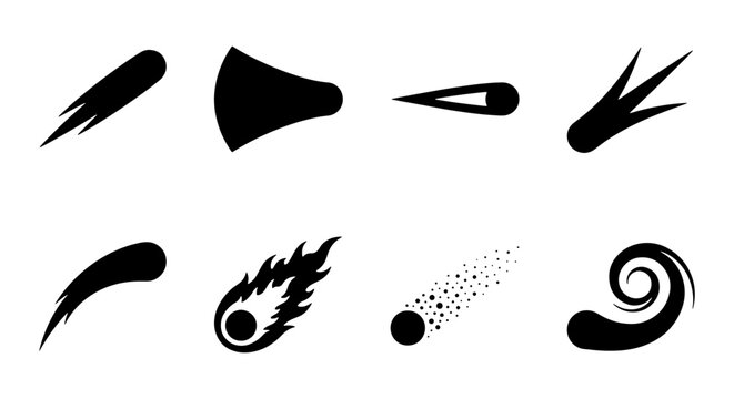 Black comet silhouette icons set, minimalist meteor and asteroid vector shapes, 8 cosmic falling star symbols for space design