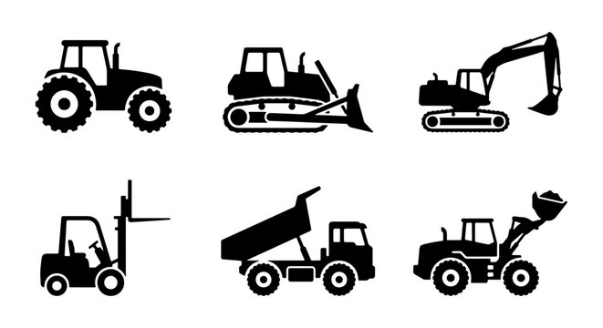 Heavy construction machinery silhouette icons set, industrial vehicle vector collection with excavator and bulldozer, 6 black transport equipment symbols