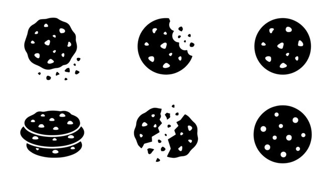 Minimalist chocolate chip cookie icon set, black solid vector cookies with bite marks and crumbs, flat bakery snack symbols for web design