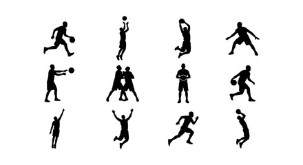 Basketball player silhouettes set, 12 athletic male figures in action poses, black vector icons of basketball players jumping and dribbling © Sharmin