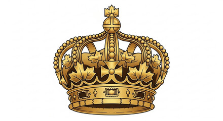 Golden crown with fleur de lis beads and cross on white background symbolizing royalty and power © Umair