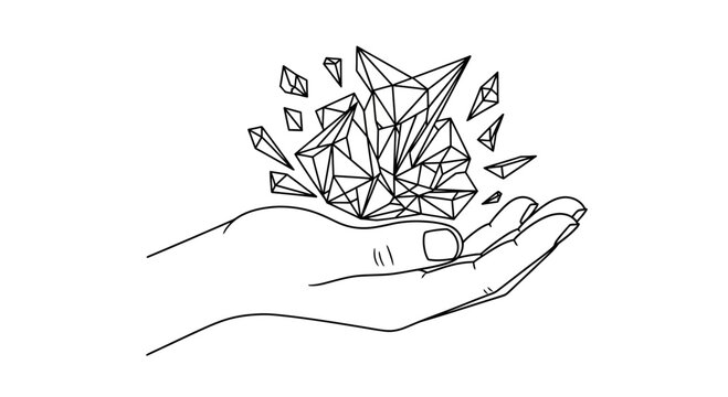 A hand holding shattered crystal pieces.