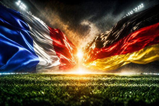A dramatic representation of the france versus germany rivalry highlighted by waving national flags high quality professional