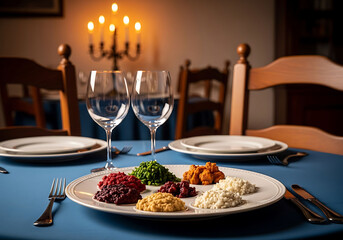 Fototapeta premium Elegant Seder plate with wine glasses and candles set for a traditional Passover meal