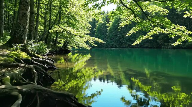 Emerald woodland lake bordered by rooted trees, mossy banks and bright leafy reflections, tranquil freshwater hideaway illustrating peaceful lake surrounded nature with crystalline summer clarity