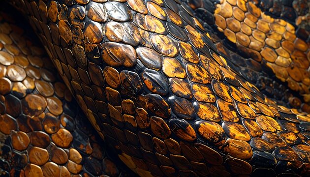 Close up, richly textured, scaly reptile hide with warm tones