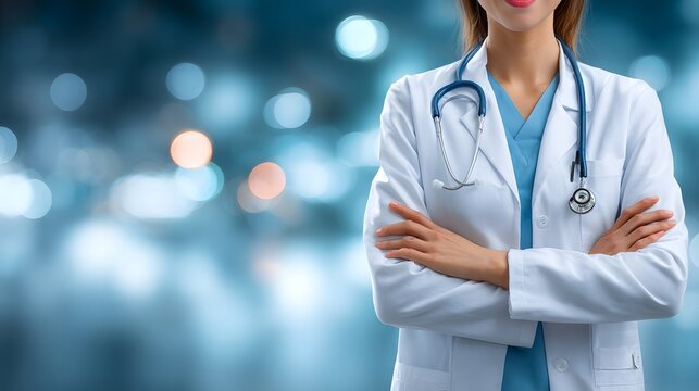 Confident Female Doctor with Stethoscope in Professional Setting