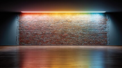 Obraz premium Modern interior with a textured brick wall illuminated by colorful neon lights and polished wooden floor creating an artistic and contemporary atmosphere