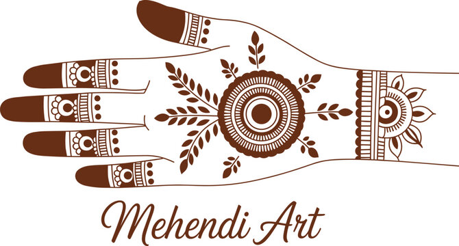 Intricate Mehendi Art on Hand with Floral Design. Intricate Henna Design on Hand with Floral Motif. Beautiful Hand with Henna Tattoo Art and Nature Elements.