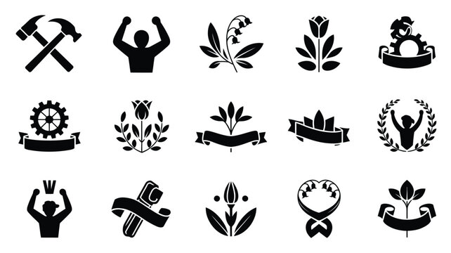 Black and white vector icon set featuring tools nature and human silhouettes for versatile design use