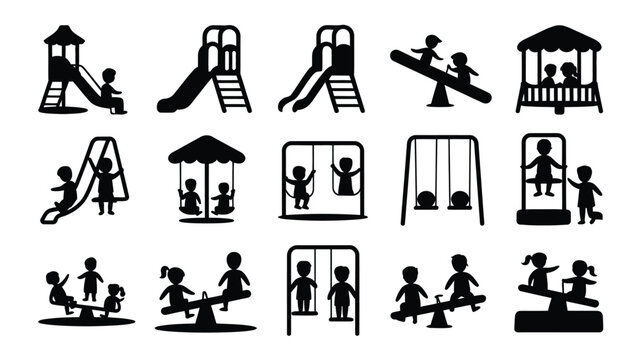 Children playground icons showing kids enjoying slides swings merry go round and seesaw in black silhouette vector style