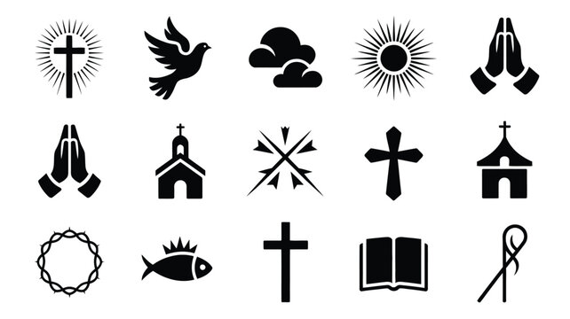 Black and white vector icons depicting religious symbols including crosses praying hands a church and a bible arranged in a minimalist grid layout