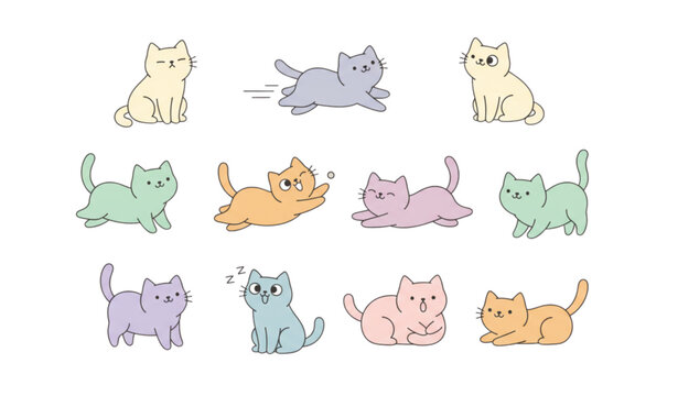 Minimal cute cat clipart vector with different poses and emotions simple flat kitten character collection