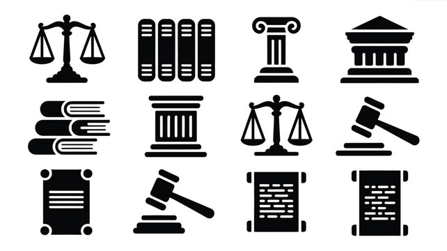 Black and white vector icons of justice law and legal documents including scales books gavel and courthouse symbols