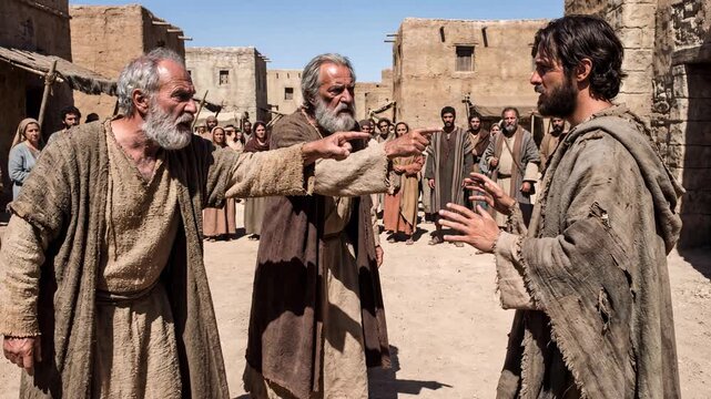 Ancient Men Accusing Another Man in Village
