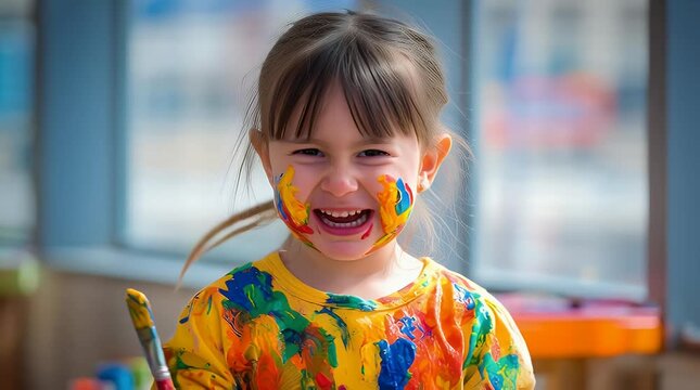 Energetic little girl joyfully covered in vibrant paint during a creative art session expressing pure excitement and playful childhood fun indoors