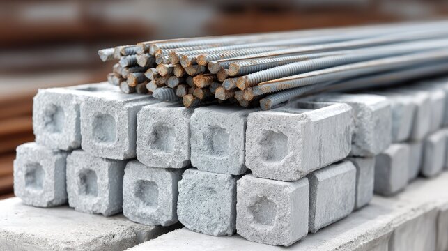 Stacked Concrete Blocks and Steel Rods at Construction Site Ready for Use in Foundation and Structural Projects