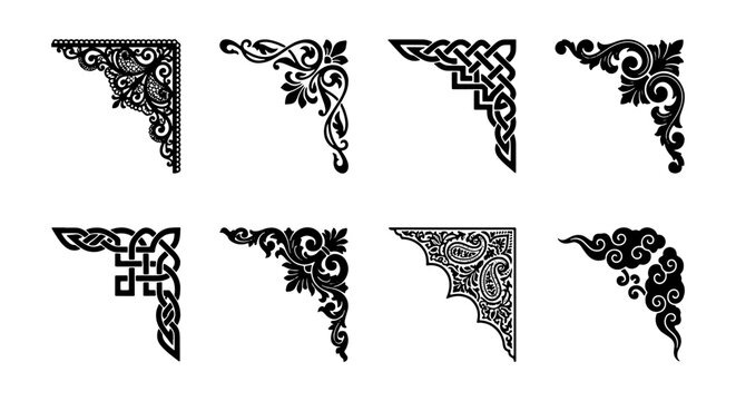 Vintage corner ornaments, 8 decorative floral borders, black filigree vector set