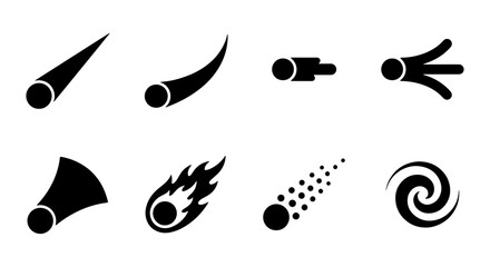 Meteorite icon set, 8 black comet vector elements, falling star and asteroid symbols © Tahmina