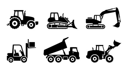 Heavy machinery silhouette icons, construction vehicle set, industrial equipment vector © Tahmina