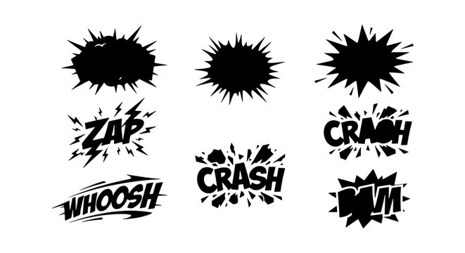Comic sound effects vector set, black speech bubbles and crash onomatopoeia icons