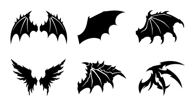 Gothic dragon wings set, black demon wing silhouettes, 6 fantasy creature vector icons