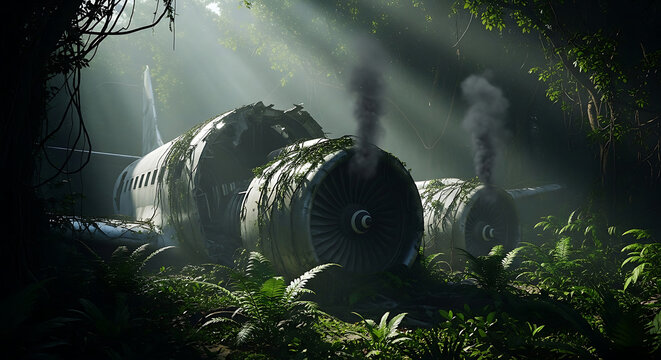 crashed airplane abandoned in a dense jungle its engines smoking and fuselage overgrown with vines evoking themes of mystery and disaster