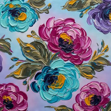 Vibrant hand-painted fabric featuring expressive floral patterns with thick impasto strokes and rich pigments for a creative textile design, vibrant, floral, material