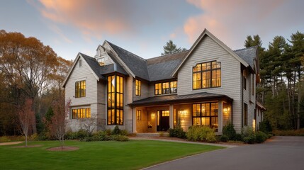 Fototapeta premium Elegant Modern Home Surrounded by Nature with Large Windows at Sunset, Showcasing Contemporary Architecture and Inviting Curb Appeal