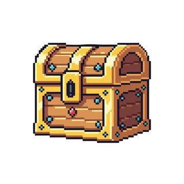 A detailed pixel art illustration of a wooden treasure chest with gold trimmings and colorful gem accents isolated on a white background.