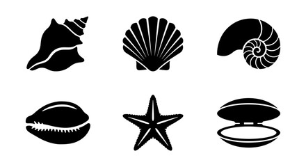 Seashell black silhouette icons, 6 marine sea shell vector set, starfish and nautilus © Rakib