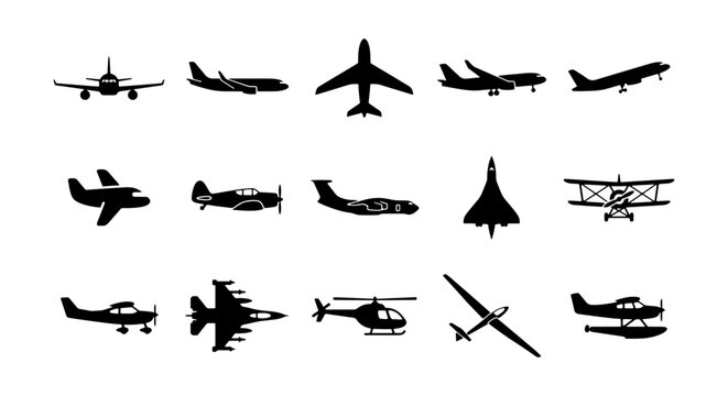 Airplane silhouette icons, 15 aircraft vector set, aviation transport symbols