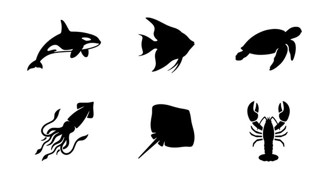 Marine animal silhouette set, 6 sea life icons, aquatic wildlife vector collection