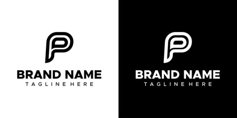 A stylized letter P logo sits atop the text BRAND NAME and TAGLINE HERE on a white and black background. © Tegar