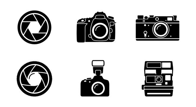 Photography camera icon set, black dslr and retro camera vectors, 6 lens shutter icons