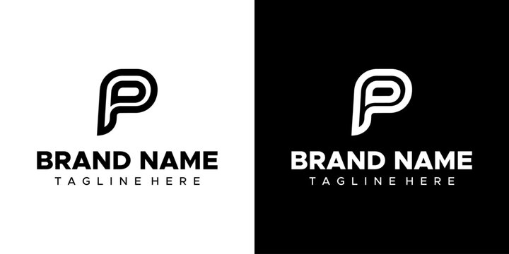 A stylized letter P logo sits atop the text BRAND NAME and TAGLINE HERE on a white and black background.