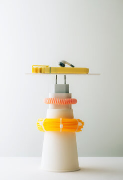 Items arranged as sculptures