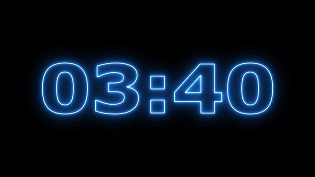 glowing neon 4 minute Countdown timer. neon 4 to 0 minute Countdown timer on black background. Digital blue neon countdown timer from five to 0 . Neon blue glow timer counts down three minutes.