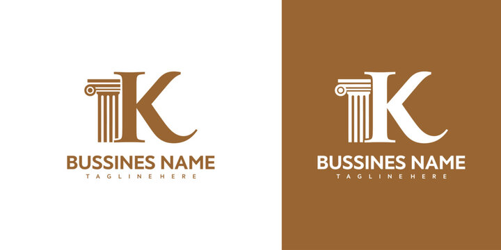 Two business logos with columns and letter K on white and brown backgrounds