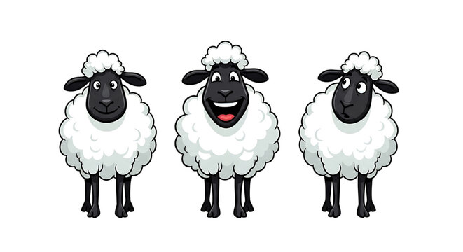 Three cartoon-style sheep with different facial expressions, reminiscent of the character "Shaun the Sheep". Reactions: normal, happy, surprised. Vector image