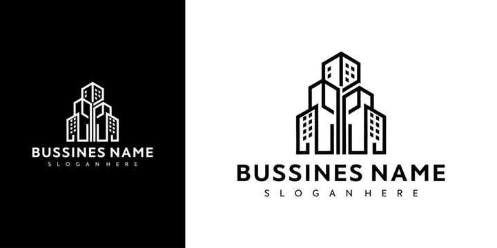 Business logo features buildings with Bussines Name and slogan on white and black backgrounds