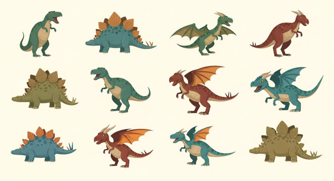 Collection of cartoon dinosaurs and dragons in various poses.