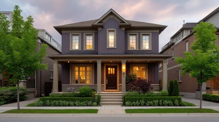 Obraz premium Elegant modern two-story home with stylish architecture, lush landscaping, and inviting porch set against a tranquil sunset sky in a suburban neighborhood.