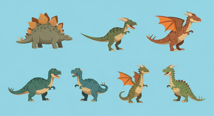 Collection of cartoon dinosaurs and fantasy dragons on blue background. © na