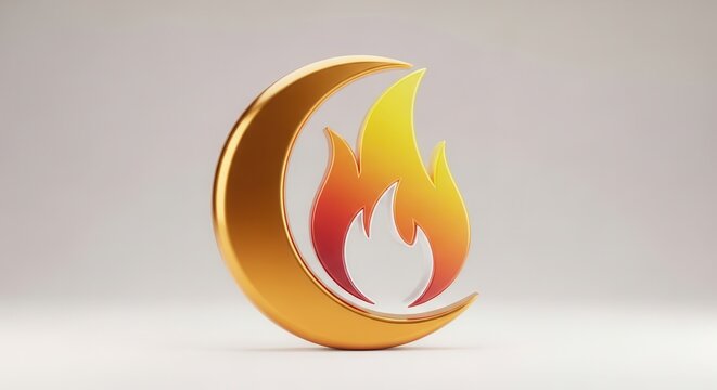 Striking golden crescent moon embracing a radiant fire symbol in polished 3D rendering for various