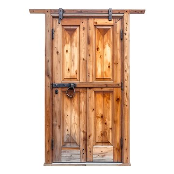 A wooden sliding barn door with rustic texture and metal hardware