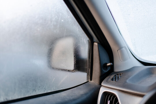 Frozen Car Side Window Seen from Inside