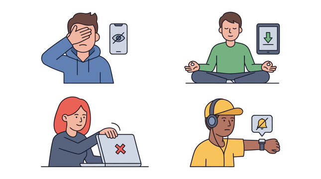 Four illustrations depicting people engaging in digital detox, mindfulness, and disconnecting from smartphones, laptops, and smartwatches to reduce screen time and distractions.