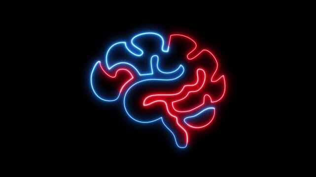 Neon brain icon flashing with blue and red light.