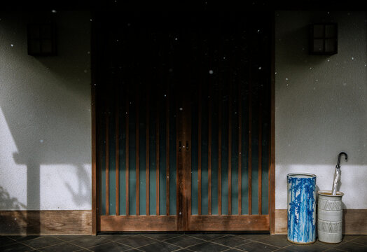 A Snowy Japanese Porch Under the Slanting Sun.